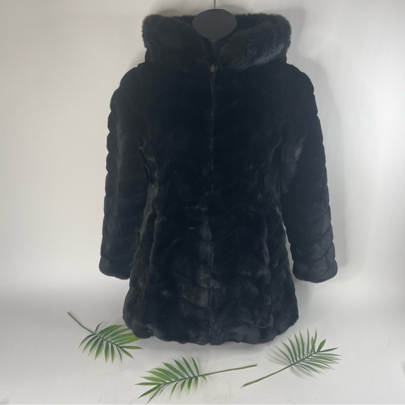 Liz Claiborne Womens Black Hooded Faux Fur Full Zip Jacket Coat Size Small Lined - Picture 3 of 13